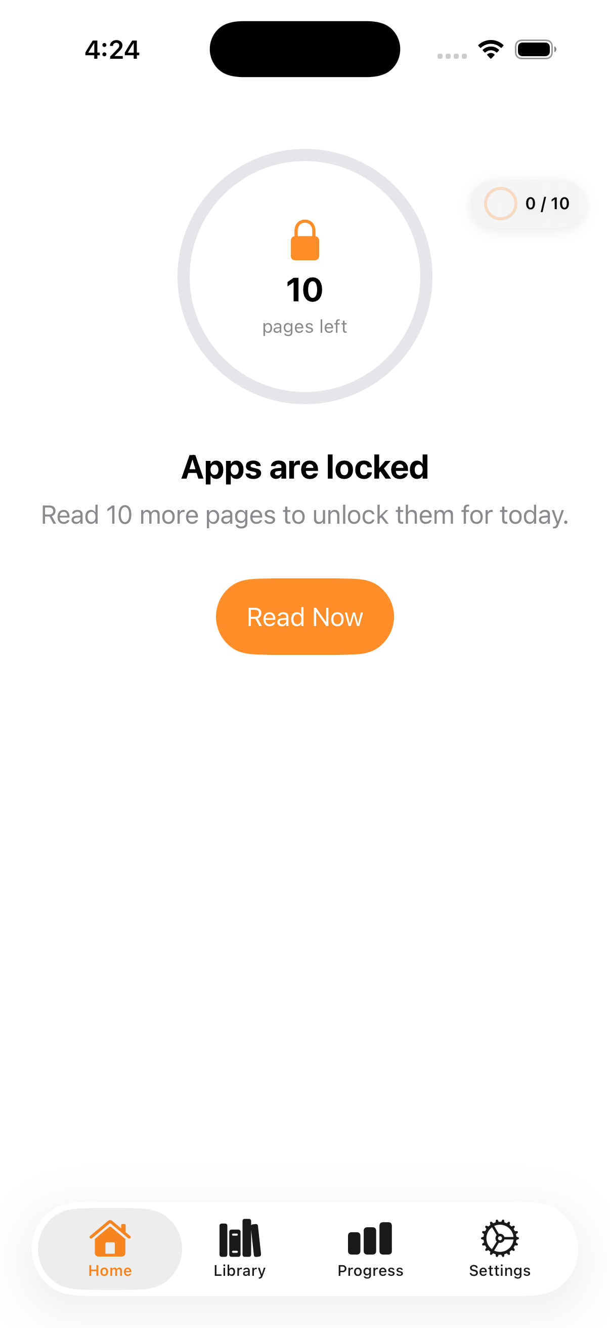 Read to Unlock home screen showing locked apps and a 10 page reading goal
