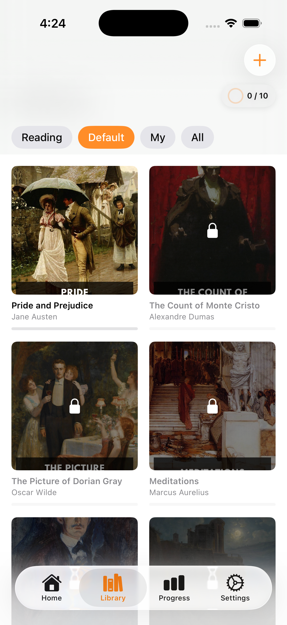 Library screen with Pro books locked