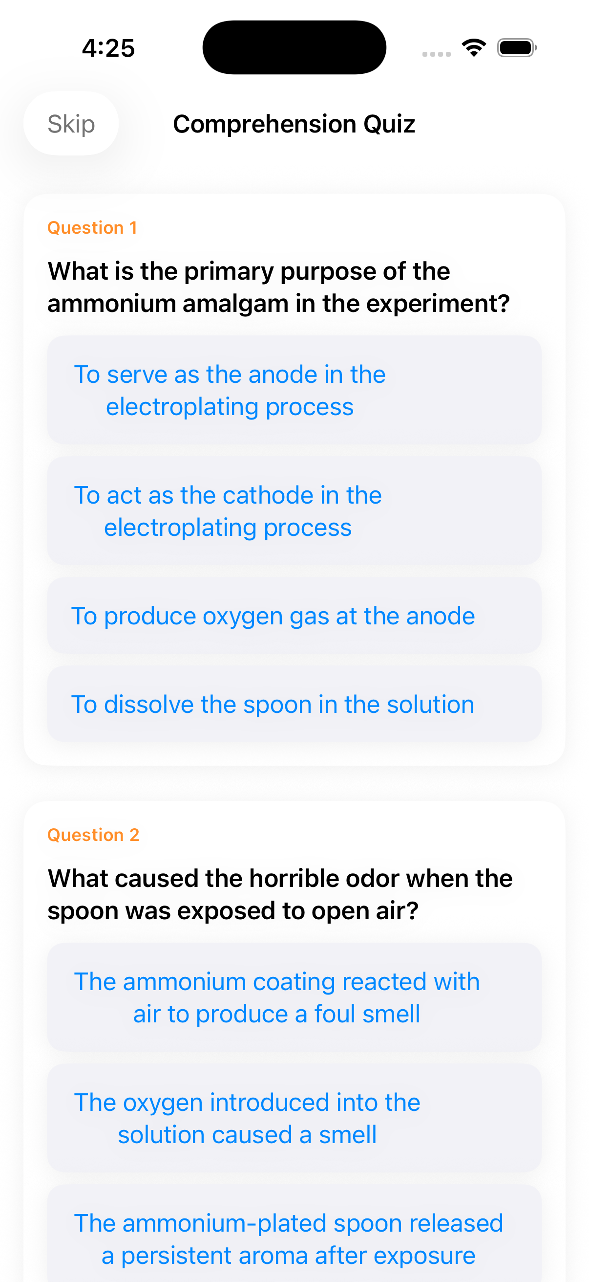 Comprehension quiz screen with multiple choice questions